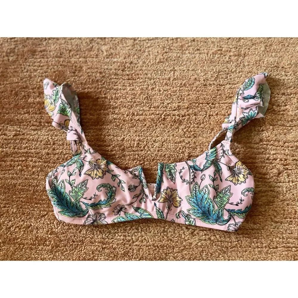 No Boundaries Floral Bikini Top S Pink Ruffle Strap Padded Swim Top Boho